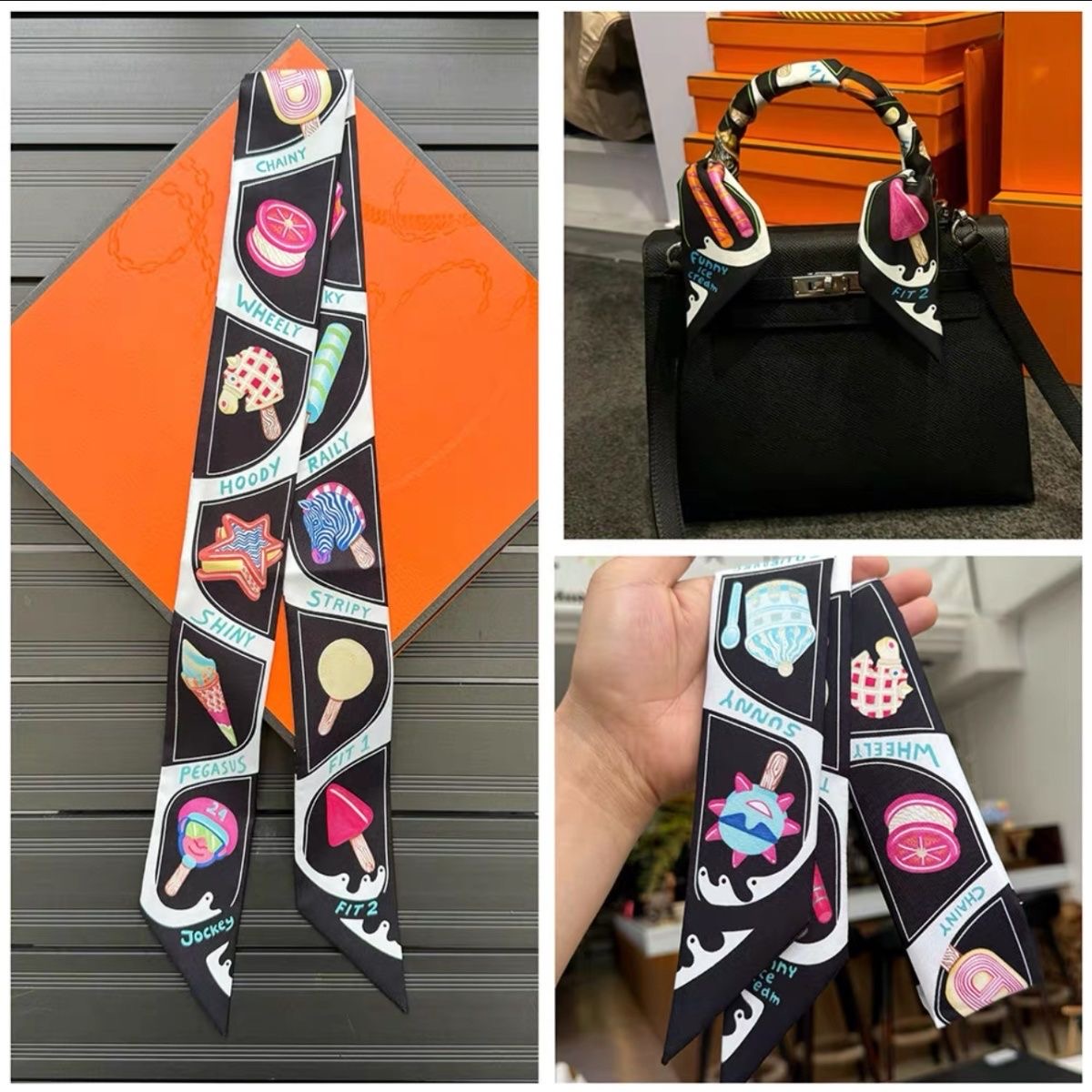 Women Bags Polene - Neuer Eiscreme-Druck, Seide wie Schal, langer