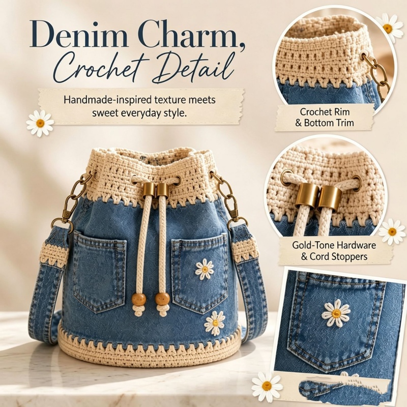 Crochet Market Bag - Denim-Häkel-Bucket-Bag, handgefertigte Häkel-Blumen-Tragetasche, Kordelzug-Umhängetasche, gestrickte Blumen-Handtasche,