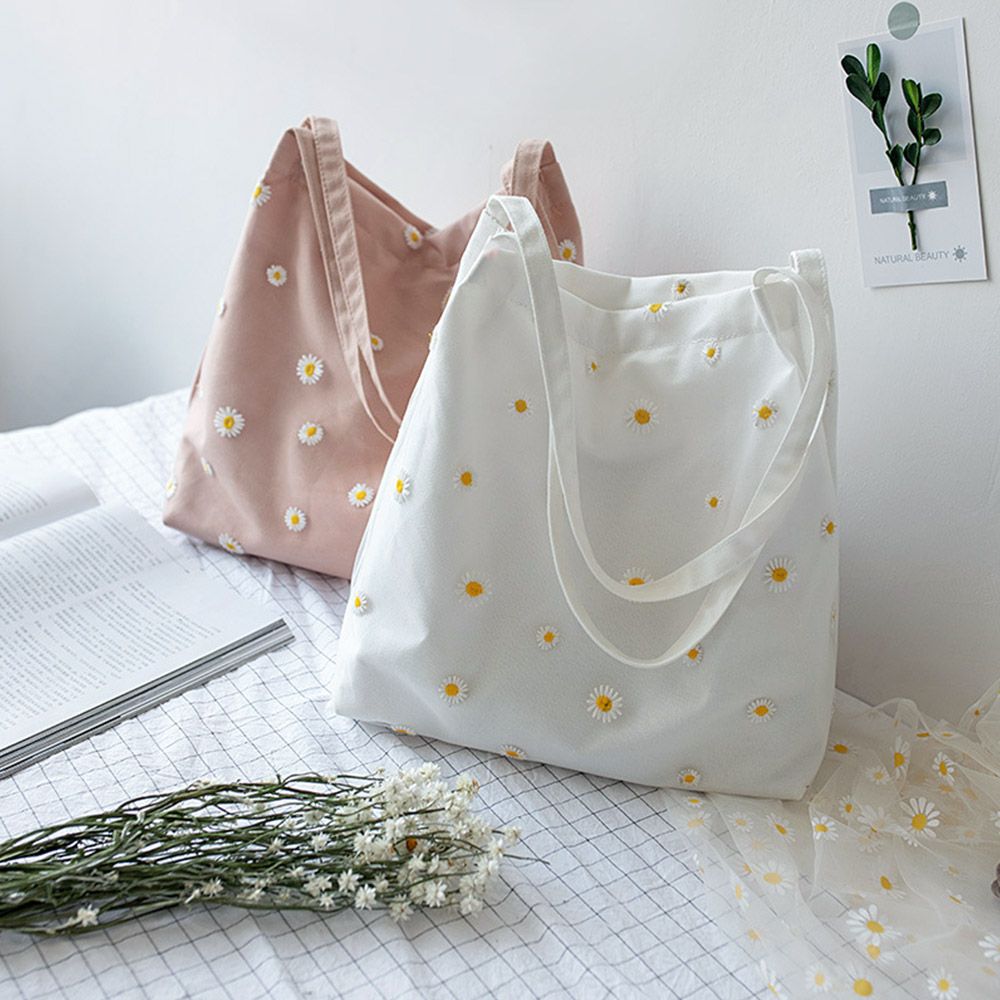 Crochet Market Bag - Damen-Leinentaschen, Mädchen-Einkaufshandtasche, lässige Stickerei mit Gänseblümchen,
