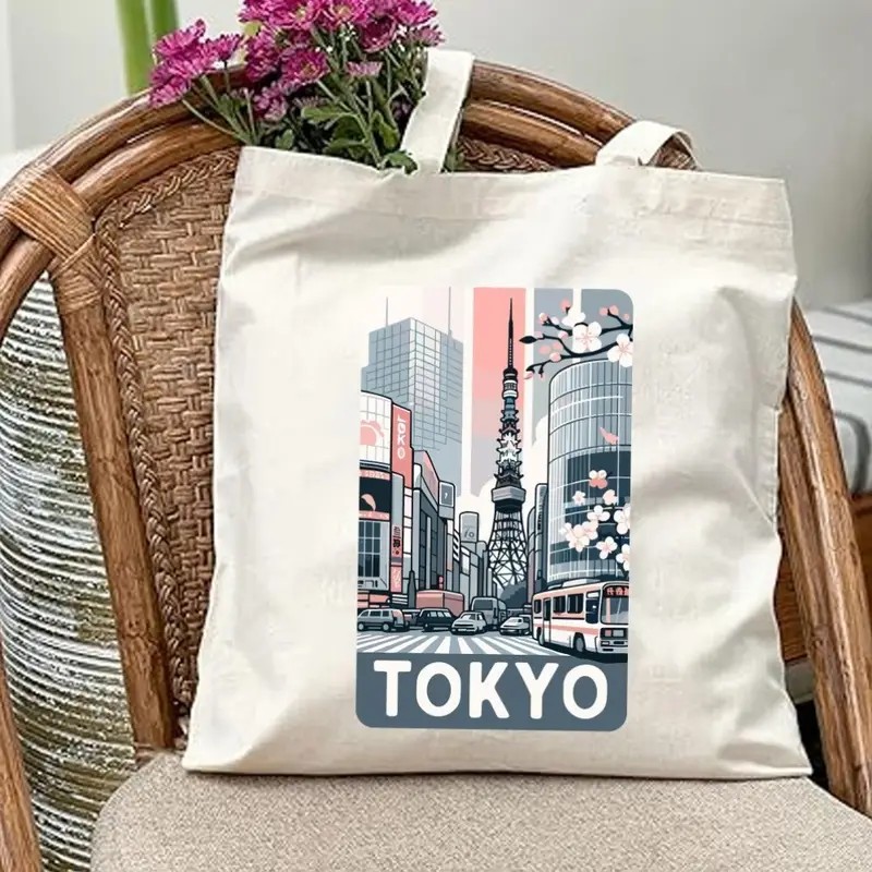 Women Bags Collection - Ästhetische Einkaufstasche aus Segeltuch mit Tokio-Stadtlandschaft