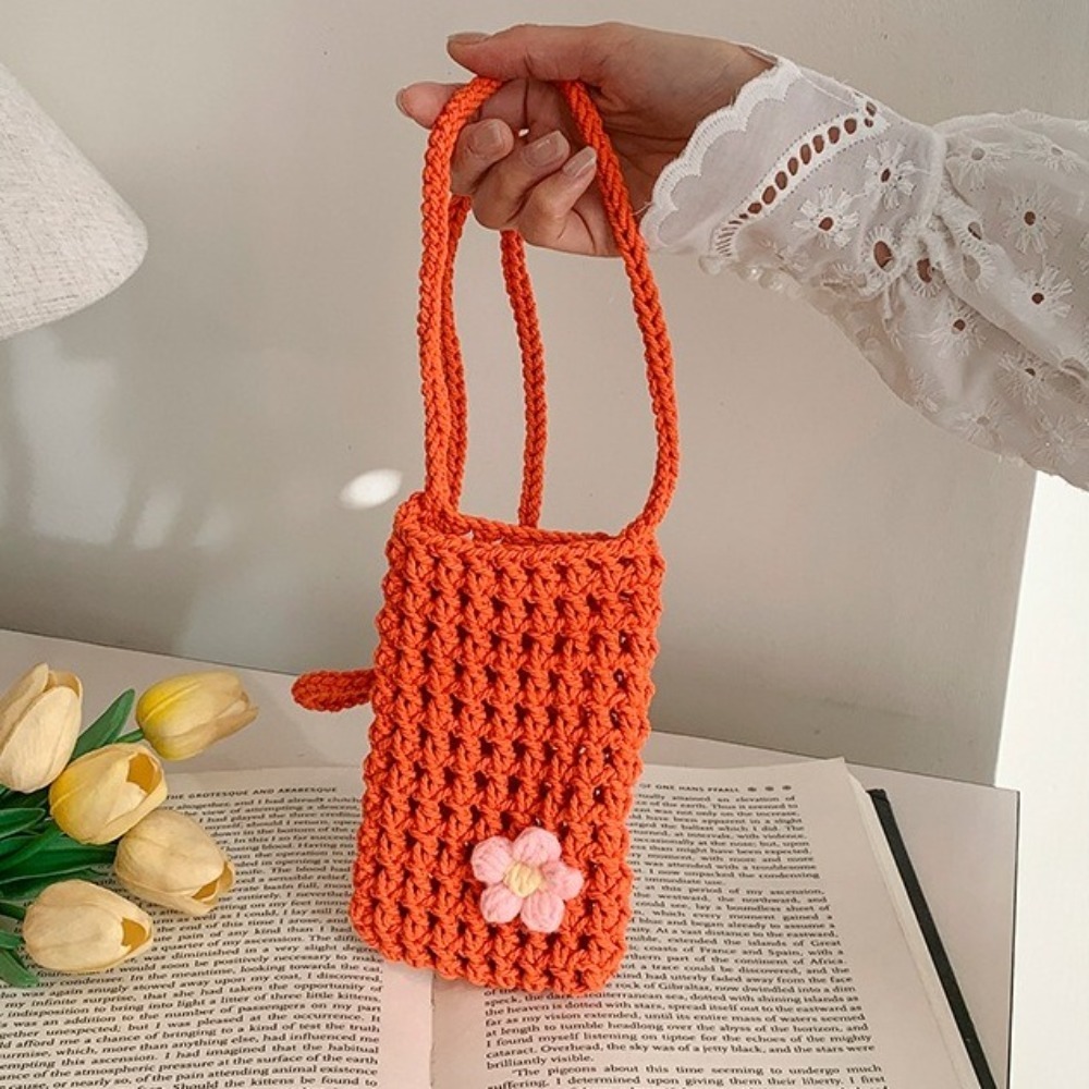 Crochet Market Bag - Niedliche Umhängetasche mit Blumenweberei, hohl, quadratisch,