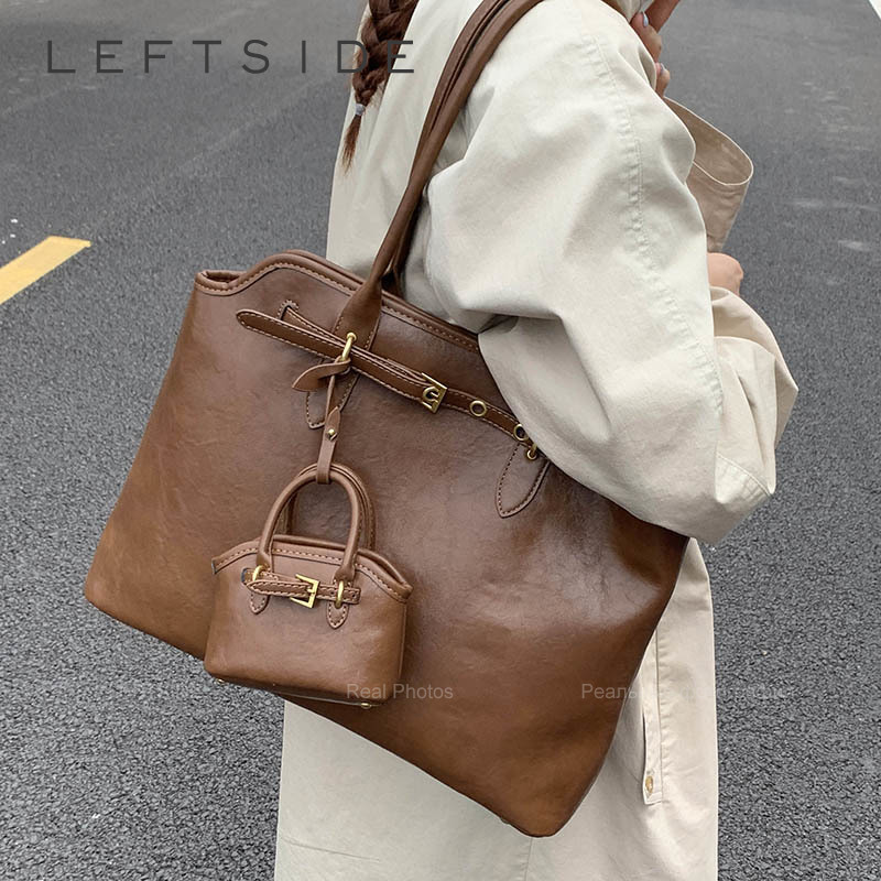Women Bags For Airport - LEFTSIDE Große PU-Leder-Schultertasche mit kurzem Griff